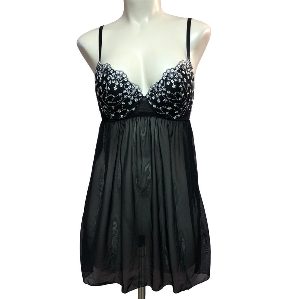 LA Vie En Rose Black W/White Embroidered Flowers Sheer Baby Doll Chemise Small